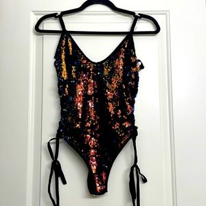 RARE SOLD OUT iHeartRaves Holographic Two Tone Sequin Bodysuit